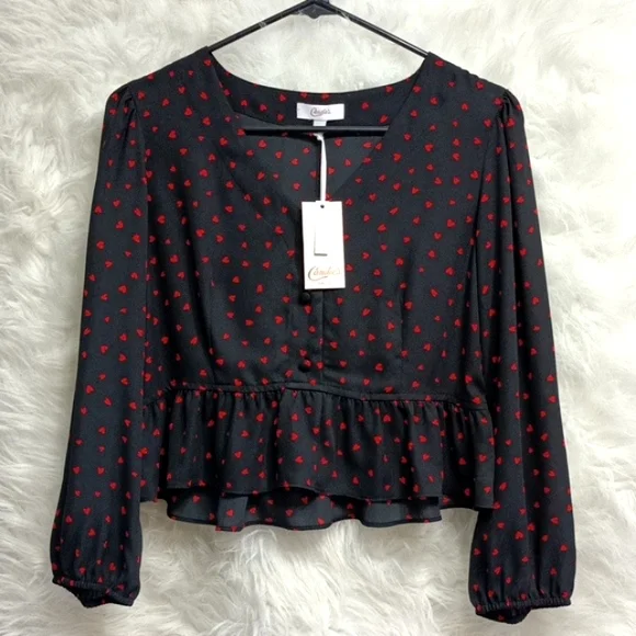 Red Hearts Sheer Black Red Cropped Balloon Sleeve Valentine's Day … - Picture 2 of 5